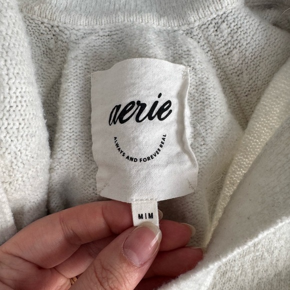 aerie Cream and Tan Striped V-Neck Collared Sweater - Picture 3 of 3